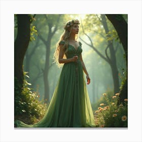 Elven Queen With A Crown Of Flowers And A Flowing Gown In A Magical Forest 1 Canvas Print