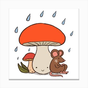 Mouse And Mushrooms On A Rainy Day Canvas Print