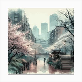 "Tokyo Rainfall" | Rainy, Umbrellas, Gloomy, Cityscape, Tokyo, Japan, Artwork, Wall Art, Watercolor, Aesthetic, Zen, Lofi, Anime Canvas Print