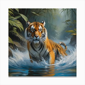 National Geographic Realistic Illustration Tigrer With Stunning Scene In Water (3) Canvas Print