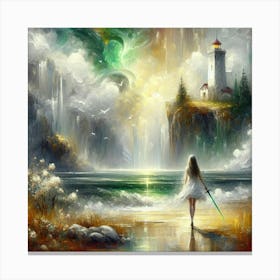 Girl Walks By A Lighthouse Canvas Print