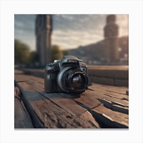 Camera On A Wooden Table Canvas Print