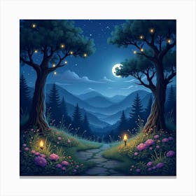 Enchanting Night Landscape With Glowing Fairy Lights 1 Canvas Print