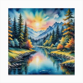 Radiant Wilderness: Where Mountains Meet Magic Sunset By The River Canvas Print