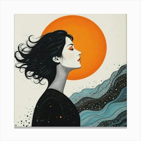 Sun profile , Halftone pattern, female profile with pale skin and waving hair, curved shapes Canvas Print