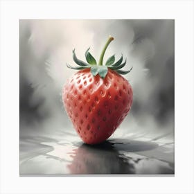 A Single Strawberry With Green Leaves Is Sitting On A Grey Surface With Subtle Brushstrokes Canvas Print