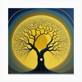A Tree of life in front of a yellow moon. The tree is tall and thin, with bare branches. The moon is large and round, and it is casting a bright yellow light on the tree and the ground below. The painting is very simple, but it is also very effective. The artist has used a limited number of colors, but they have used them to create a very striking and atmospheric image. The contrast between the black tree and the yellow moon is very stark, and it creates a sense of drama and tension. The painting is also very well-composed. The tree is placed in the center of the image, and the moon is placed in the background. This creates a sense of balance and harmony. Overall, I think the painting is a very beautiful and effective work of art. It is also a very good example of how to use a limited number of colors to create a striking and atmospheric image. Here are some additional observations I can make about the painting: The tree is bare, which suggests that the painting is set in the winter. The moon is full, which suggests that the painting is set at night. The sky is black, which suggests that the night is clear and starlit. The ground is covered in snow, which suggests that the painting is set in a cold climate. The painting has a very somber and melancholic mood. This is conveyed by the use of dark colors, the bare tree, and the cold, winter setting. The painting may be about the loneliness and isolation of winter, or it may be about something more general, such as the ephemeral nature of life 3 Canvas Print