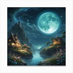Moon High In Sky At Night Houses And Lake Canvas Print