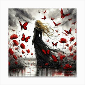 Girl With Red Poppies And Butterflies Canvas Print