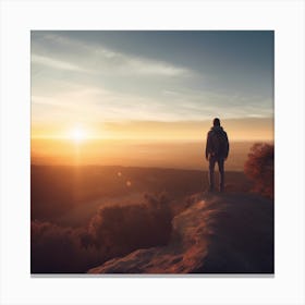 Man Standing On Top Of Mountain At Sunset Canvas Print