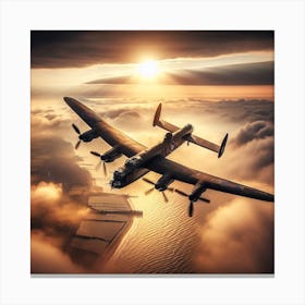 Lancaster Bomber flying through mist and clouds sun in background over dover 3/4 (ww2 World War 2 Pilot Flying Ace Sunset) Canvas Print