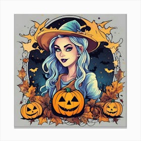 Halloween Girl With Pumpkins 2 Canvas Print