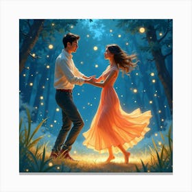 Elegant Dance In Watercolor With Glowing Fireflies 1 Canvas Print