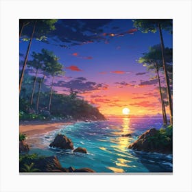 Tranquil Seaside Sunset Amidst Lush Forests and Rocky Shores Canvas Print