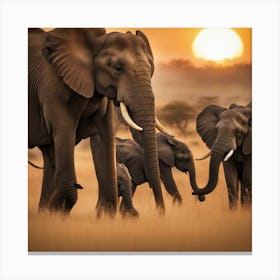 Family Of Elephants At Sunset Canvas Print