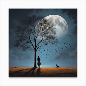 Shadow of the girl with the tree near the full moon 1 Canvas Print