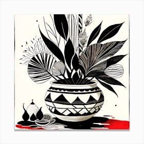 Pot Of Flowers Black and Red Ink Art Canvas Print