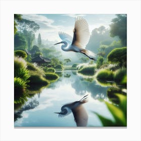 Egret Flying Over Pond Canvas Print