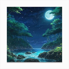 Tranquil Nighttime Seascape With Moonlit Ocean and Lush Forest Under a Starry Sky Canvas Print