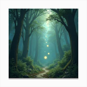 Mystical Forest With Floating Orbs, Ancient Ruins Visible 1 Canvas Print