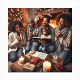 Family Reading Bible In Front Of Christmas Tree Canvas Print