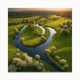 A Scenic Countryside Landscape With Green Meadows, Blooming Trees, And A Winding River 1 Canvas Print