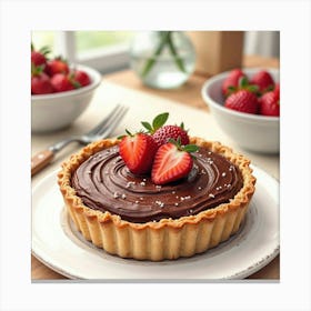 Watercolor Art Of A Rich And Creamy Chocolate Tart On A Cozy Kitchen Table Canvas Print