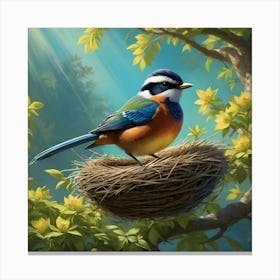 Digital Painting Of A Stunning Bird Perched Atop Its Intricately Woven Nest Amidst The Vibrant Bud(1) Canvas Print