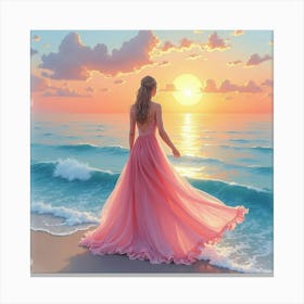 Mesmerizing Dress In Watercolor, With A Tranquil Seaside Sunset 1 Canvas Print