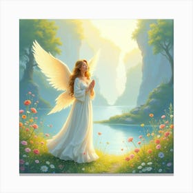 Angel In Tranquil Paradise, Watercolor, Soft And Colorful 1 Canvas Print