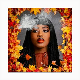 Black Woman With Peach Lips And Black Hair Surrounded By A Collage Of Red Orange And Yellow Autumn Canvas Print