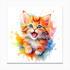 Cute Happy Playful Colorful Kitten Watercolor Painting Style Canvas Print