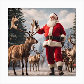 Santa Claus With Reindeer Canvas Print