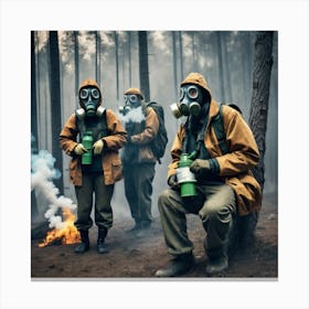 Men In Gas Masks In The Forest Canvas Print
