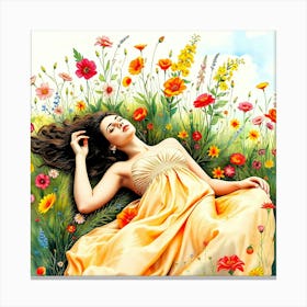 Girl In A Yellow Dress in Flower Field Canvas Print