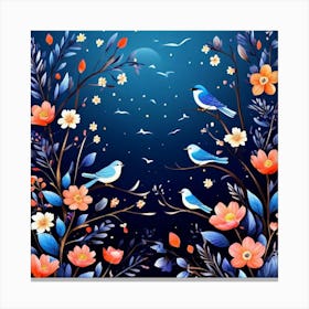 A Bright Toned Design With Flowers And Leaves Trees And Birds A Beautiful And Simple Picture Blue Birds And Flowers Canvas Print