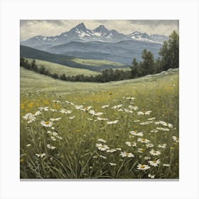 Vintage Oil Painting of Wild Flowers in a Meadow, Mountains in the Background 21 Canvas Print