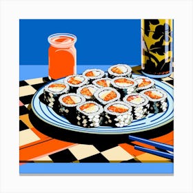 Sushi Blue Checkerboard Pop Art 2 Canvas Print
