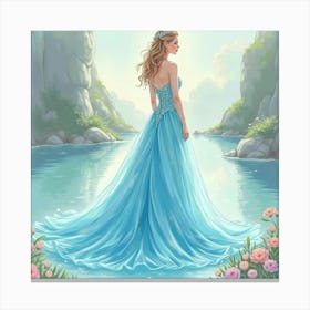 Enchanting Gown In Watercolor, With A Floating Crystal Lake 1 Canvas Print