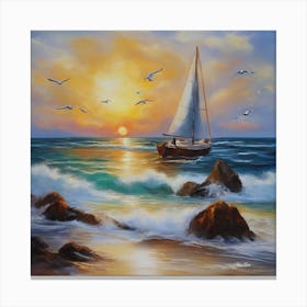 Oil painting design on canvas. Sandy beach rocks. Waves. Sailboat. Seagulls. The sun before sunset.4 Canvas Print