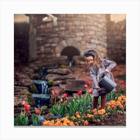 Little Girl Watering Flowers Canvas Print