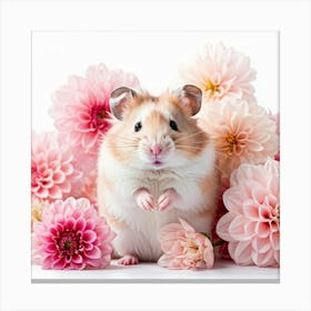 Hamster Nestled Amidst Pink Dahlias Watercolor Style Radiating Charm With Playful Demeanor Adorne Canvas Print