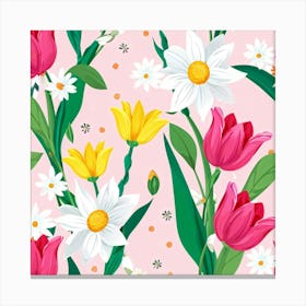 Cartoon Style Digital Painting Of An Isolated Spring Bouquet Featuring Blooming Tulips Roses And D (3) Canvas Print