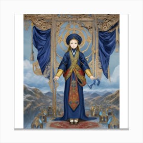 (6)The image depicts a woman in a blue robe and hat, standing on a platform with a backdrop of mountains and a blue sky. She is holding a red object in her right hand and has a book in her left hand. Canvas Print