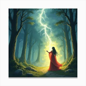 Sorceress Summoning A Magical Storm In A Glowing Forest, Watercolor Tone 1 Canvas Print