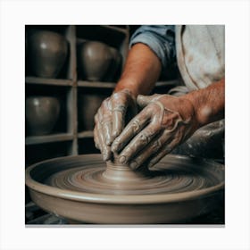 An art print featuring a close-up portrait of a skilled potter at a pottery wheel, hands covered in clay, creating a beautifully crafted ceramic piece. This unique and artisanal art print is ideal for pottery enthusiasts and those who appreciate the craftsmanship of handmade items, adding a touch of creativity to home decor. Canvas Print