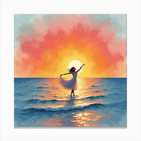 Dancer With Watercolor Sunrise Over Tranquil Sea 1 Canvas Print