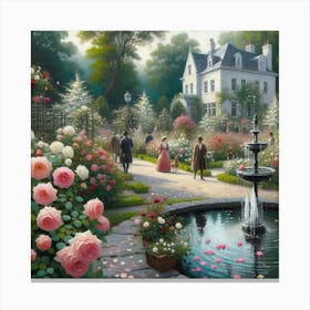 Rose Garden With The Fountain, Acrylic Style Painting 10 Canvas Print