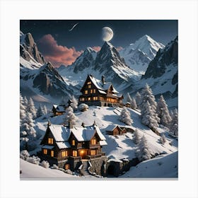 Beautiful House In Between Snow Caped Mountain And Moon Canvas Print