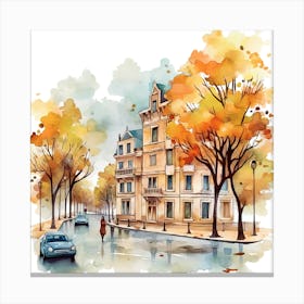 Autumn Street Watercolor Painting Canvas Print